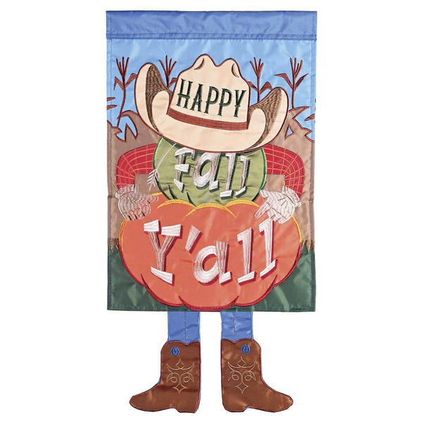13x18 Crazy Leg Happy Fall YAll Pumpkins garden flag with playful pumpkin characters, long legs, bright orange autumn tones and bold Happy Fall YAll text on durable outdoor fabric.