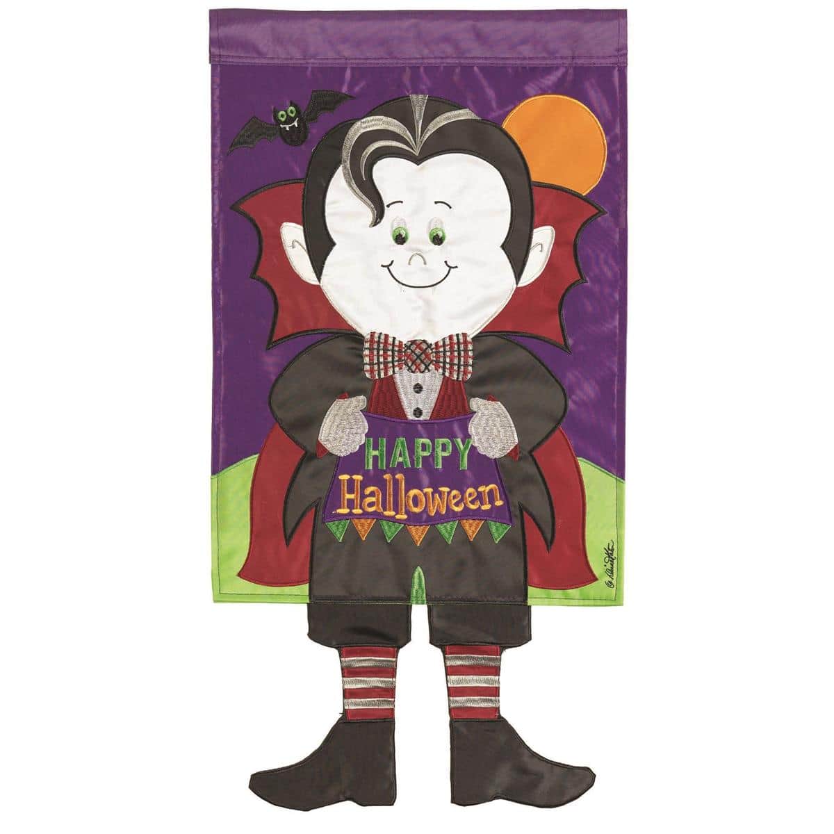 13x18 Crazy Leg Happy Halloween Dracula garden flag with dangling legs swaying in the breeze on a mini stand, colorful vampire art for outdoor display
