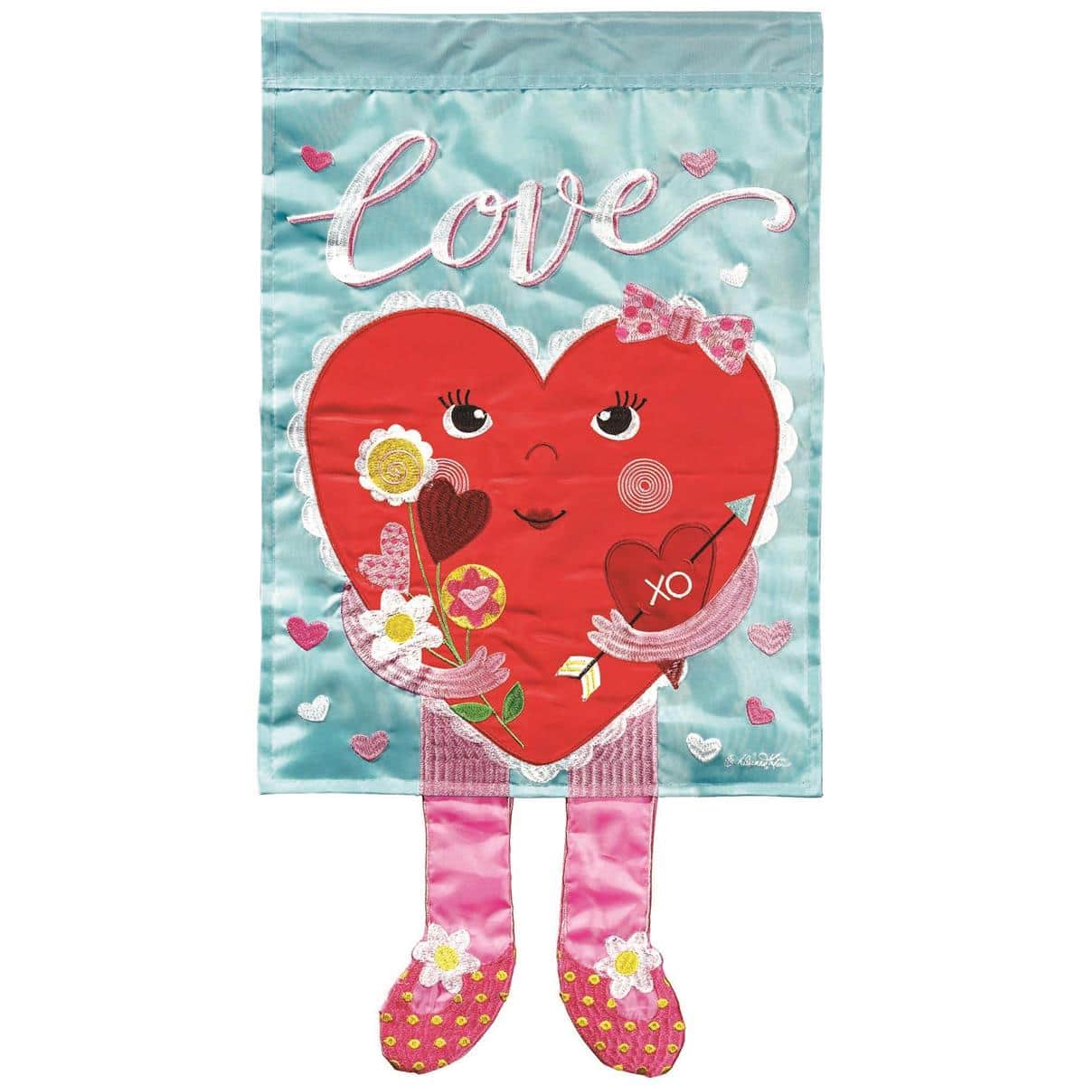 13x18 Crazy Leg Heart Love garden flag featuring a playful heart character with long legs on a bright Valentine themed background for small yard, porch, or planter display.