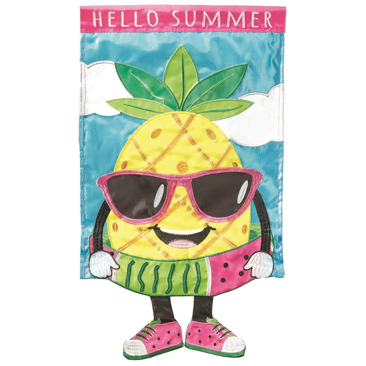 Crazy Leg Hello Summer Pineapple 13 x 18 garden flag with swinging fabric legs, vivid pineapple art, and a cheerful greeting on a standard yard stand.