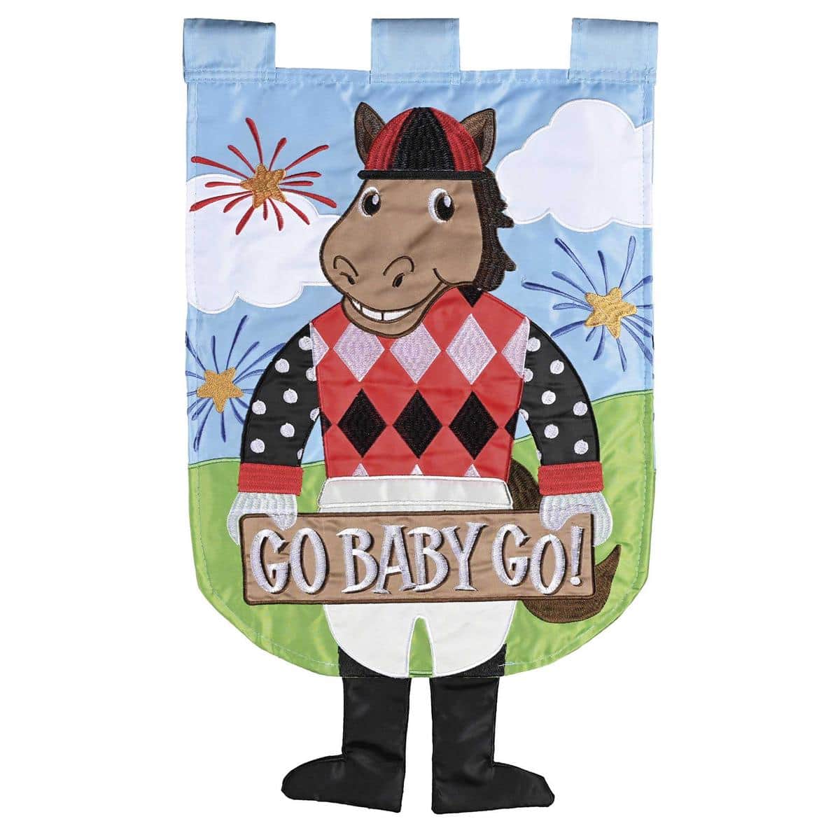Derby style Crazy Leg Horse "Go Baby Go" 13 by 18 inch garden flag showing a playful long-legged horse in motion with bold colors and clear "Go Baby Go" text.