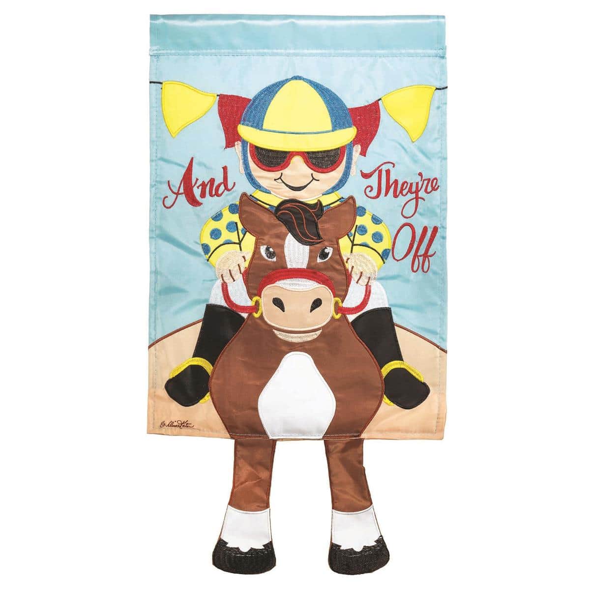 Derby-style crazy leg horse jockey garden flag 13x18 vibrant racing-themed outdoor flag for porch, patio, or lawn display.