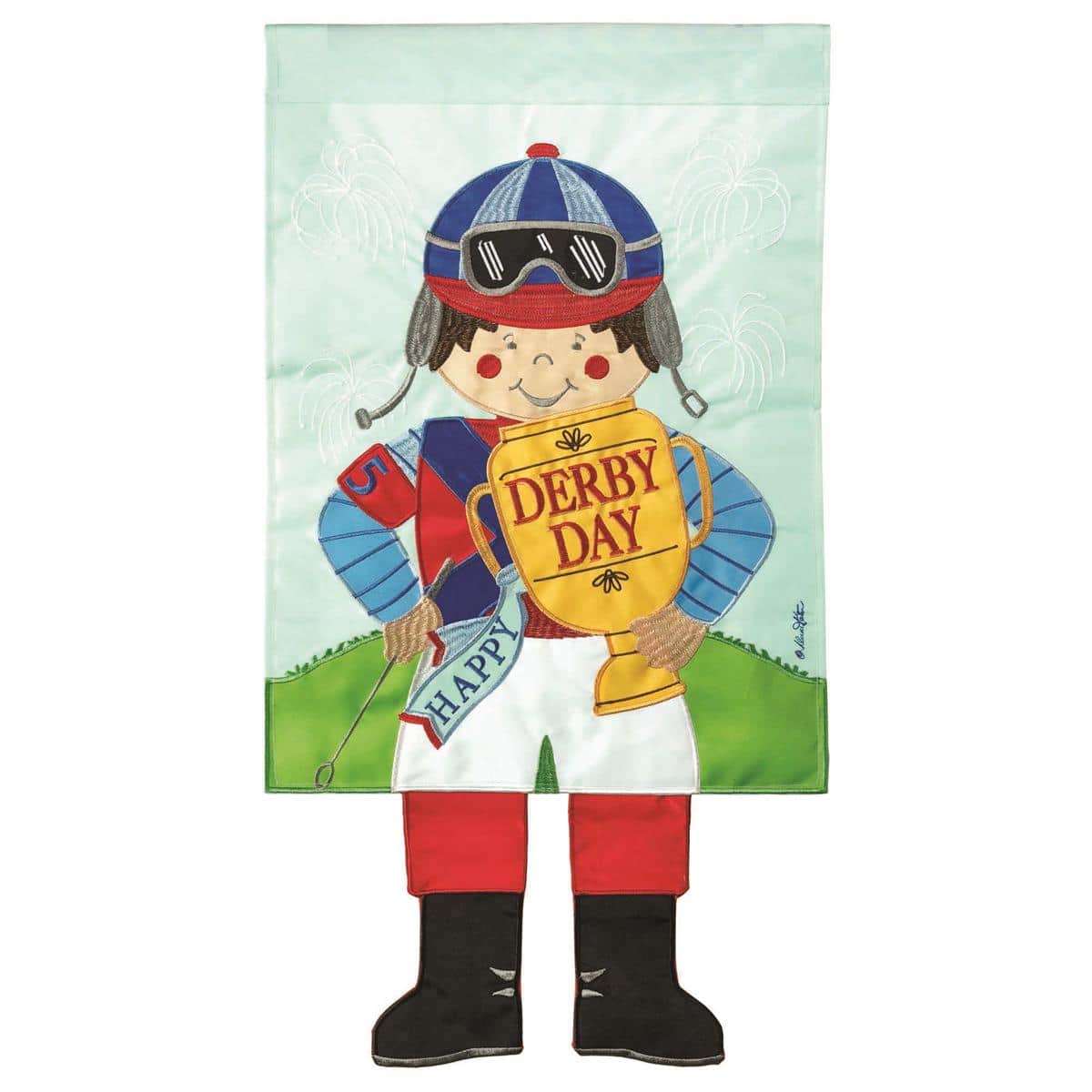 Crazy Leg Jockey garden flag 13 x 18 inches showing a derby jockey with dangling legs, bright racing colors, outdoor yard flag for standard stands