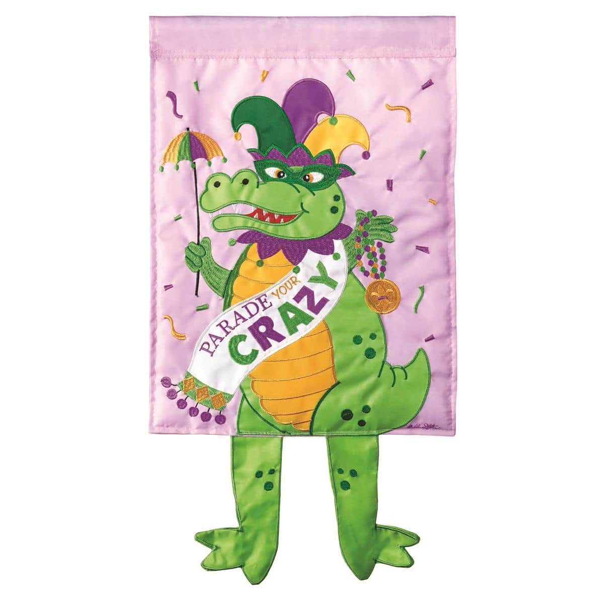 13x18 Crazy Leg Mardi Gras Alligator Garden Flag showing a whimsical green alligator in purple green and gold Mardi Gras colors with elongated animated legs and festive bead necklace on a yard stake