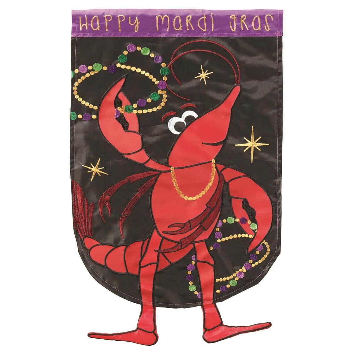 13x18 Crazy Leg Mardi Gras Crawfish garden flag with dancing crawfish wearing a mask and beads in purple, green, and gold shown mounted on a small yard flagpole.