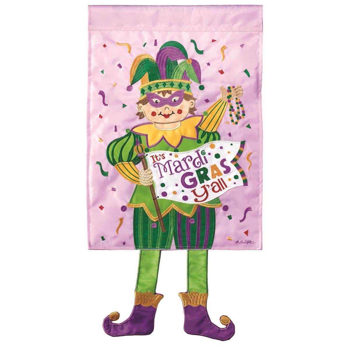 Crazy Leg Mardi Gras Jester 13x18 garden flag featuring a colorful jester with dangling fabric legs, bold purple-green-gold palette, and a top sleeve for standard stands