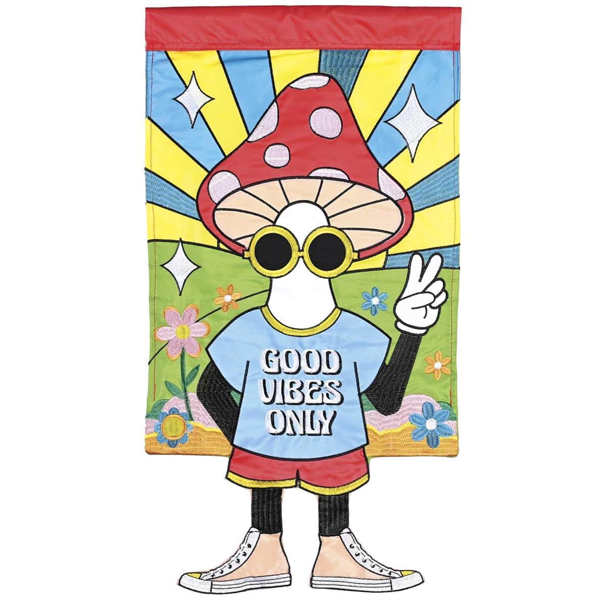 13x18 garden flag showing a colorful crazy leg mushroom character with long bendy legs and smiling face alongside bold 'Good Vibes Only' text on a neutral background
