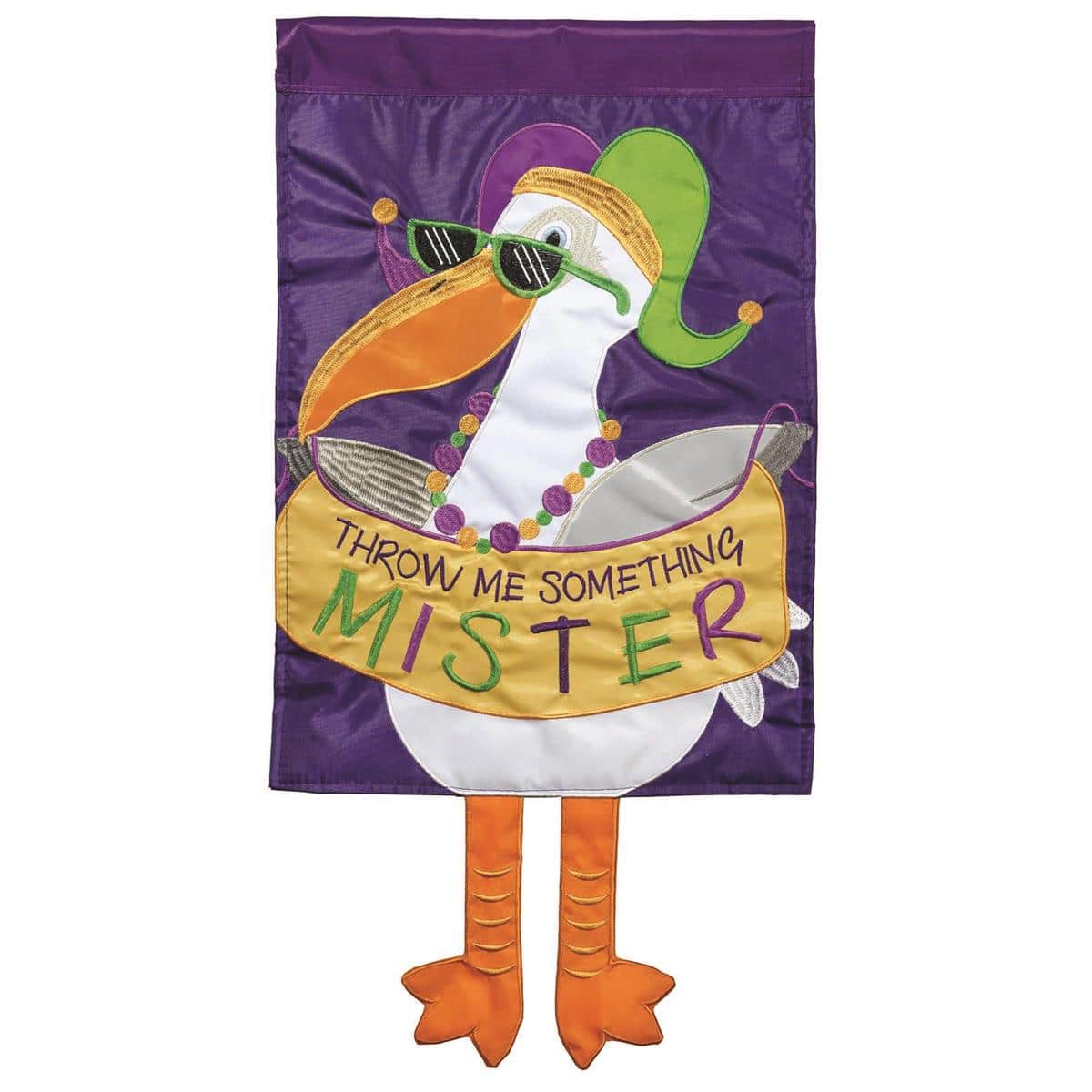 Crazy Leg Pelican With Beads garden flag in LA-MardiGras purple, green, and gold, 13x18 size, pelican motif with dangling legs, outdoor yard decor.