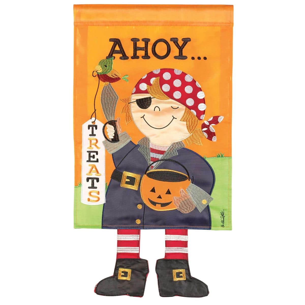 13x18 Crazy Leg Pirate garden flag with dangling fabric legs and a spooky playful pirate graphic in bold orange and black colors on weather resistant fabric for Halloween yard decor.