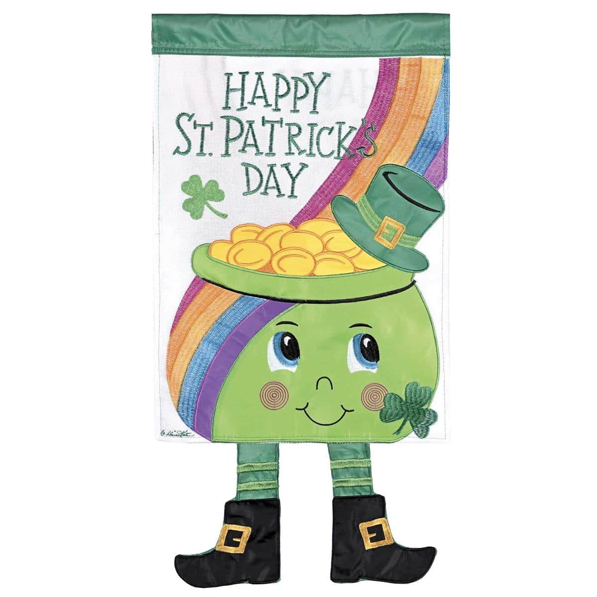 Green Crazy Leg Pot Of Gold garden flag with dancing legs, pot of gold, shamrocks, and bright St. Patrick's Day colors, shown on a 13x18 garden flag pole in a front yard setting.