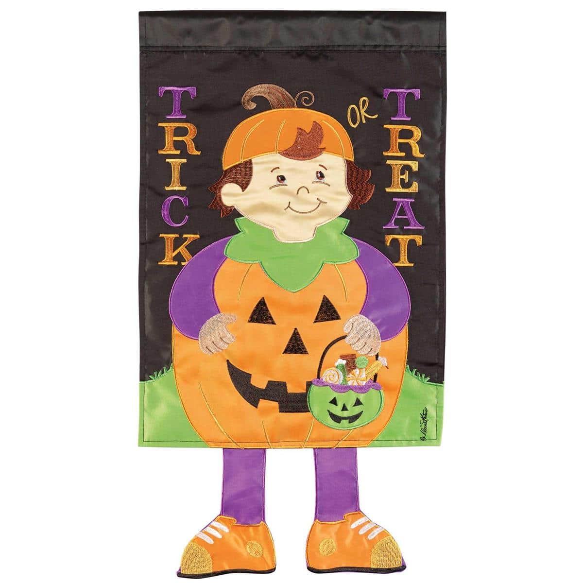 Crazy Leg Pumpkin Trick Or Treat garden flag, 13x18, with smiling jack-o-lantern, Trick Or Treat text, and dangling striped legs on a black Halloween background.