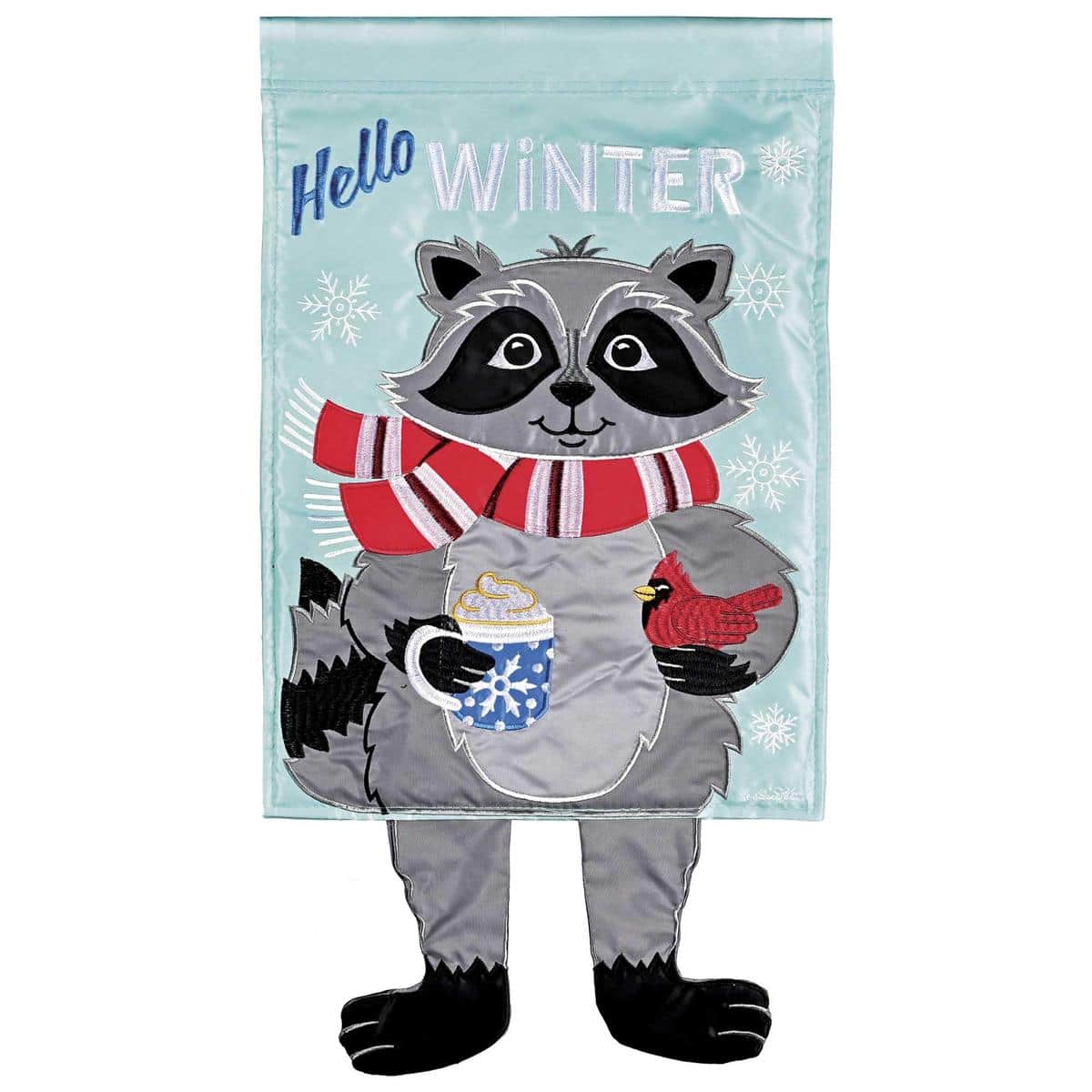 Raccoon Hello Winter crazy leg garden flag, snowflake design, 13 x 18 inches, outdoor seasonal yard decor displayed on a metal stand with dangling legs