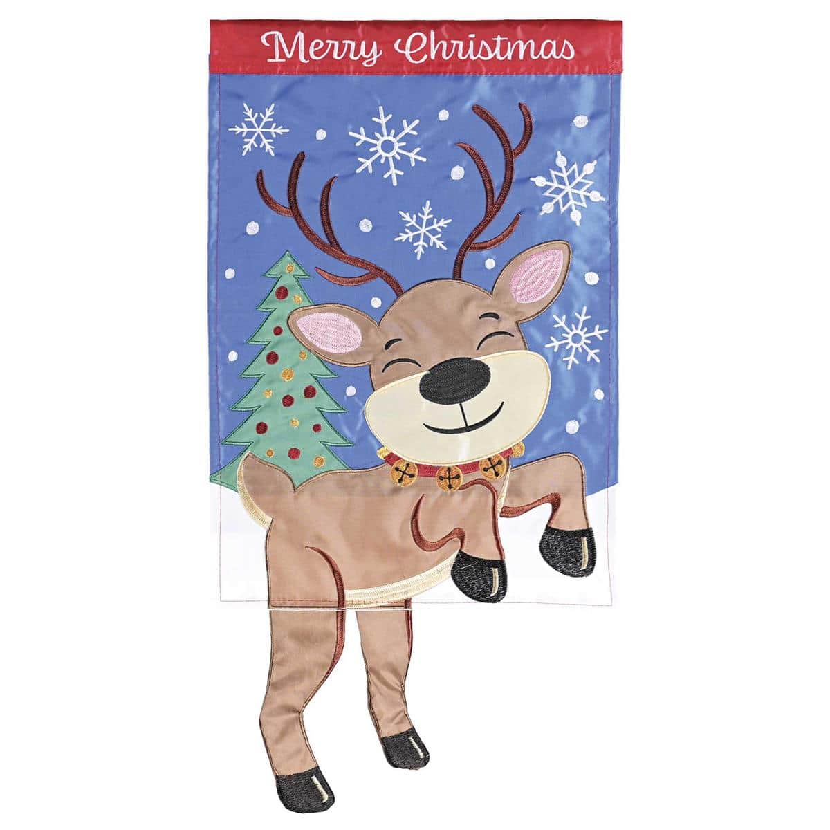 Crazy Leg Reindeer Merry Christmas garden flag with swinging reindeer legs and festive applique details on a 13x18 flag, shown on a standard garden stand