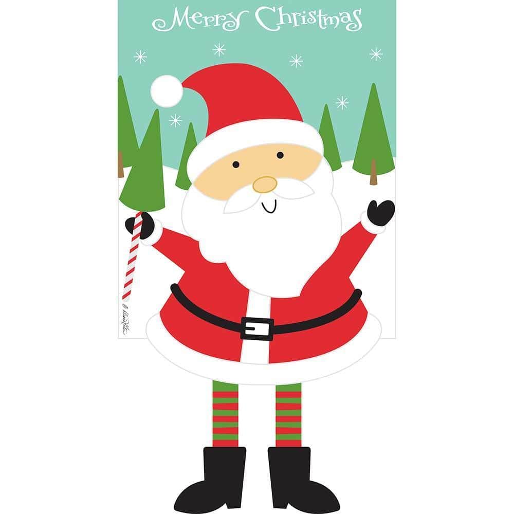 Alt text: 13x18 Crazy Leg Santa Christmas garden flag with whimsical long-legged Santa in festive colors displayed on a front yard flag pole.