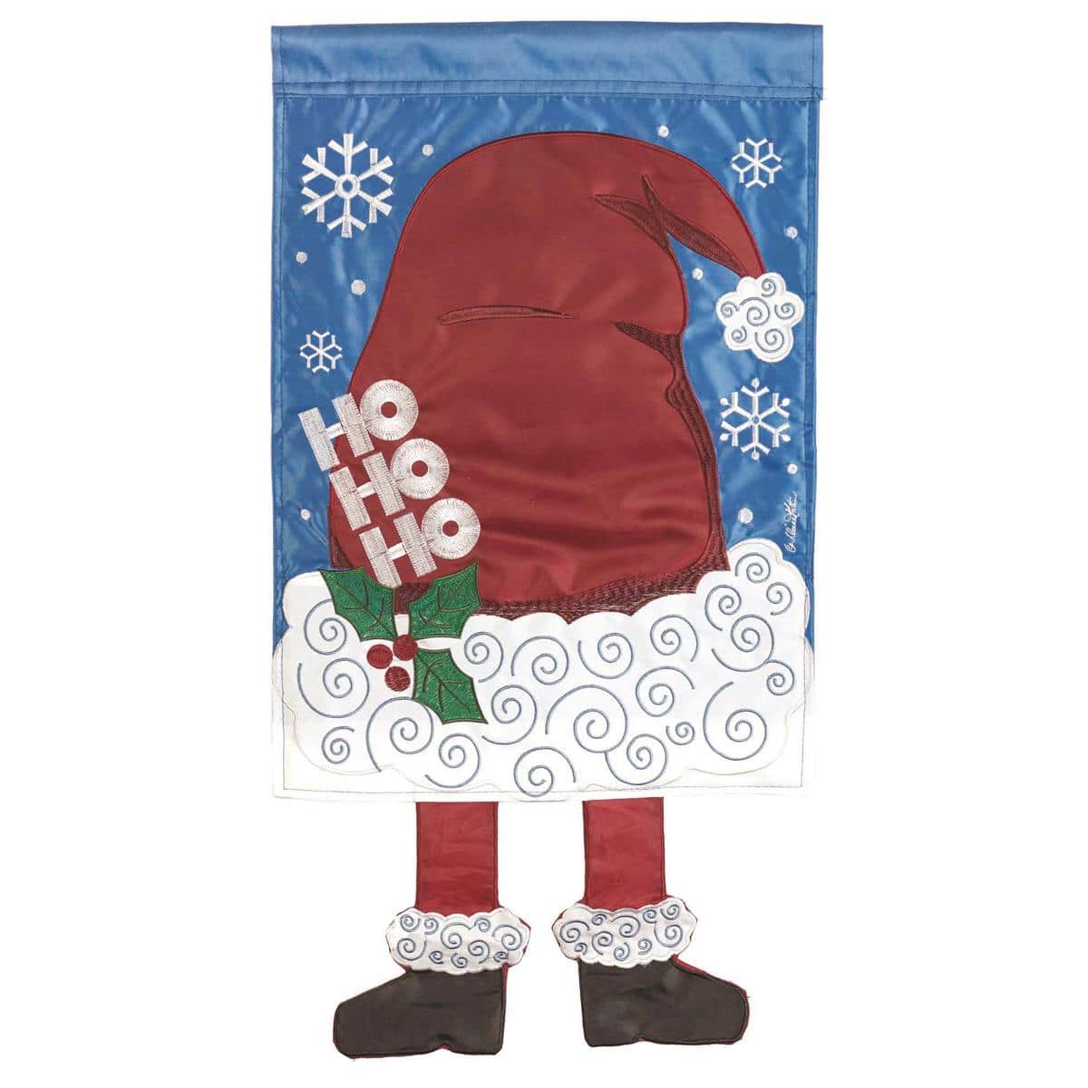 13x18 Crazy Leg Santa Hat garden flag showing a bright red Santa hat and dangling striped legs with green background, ready for porch or yard holiday display.