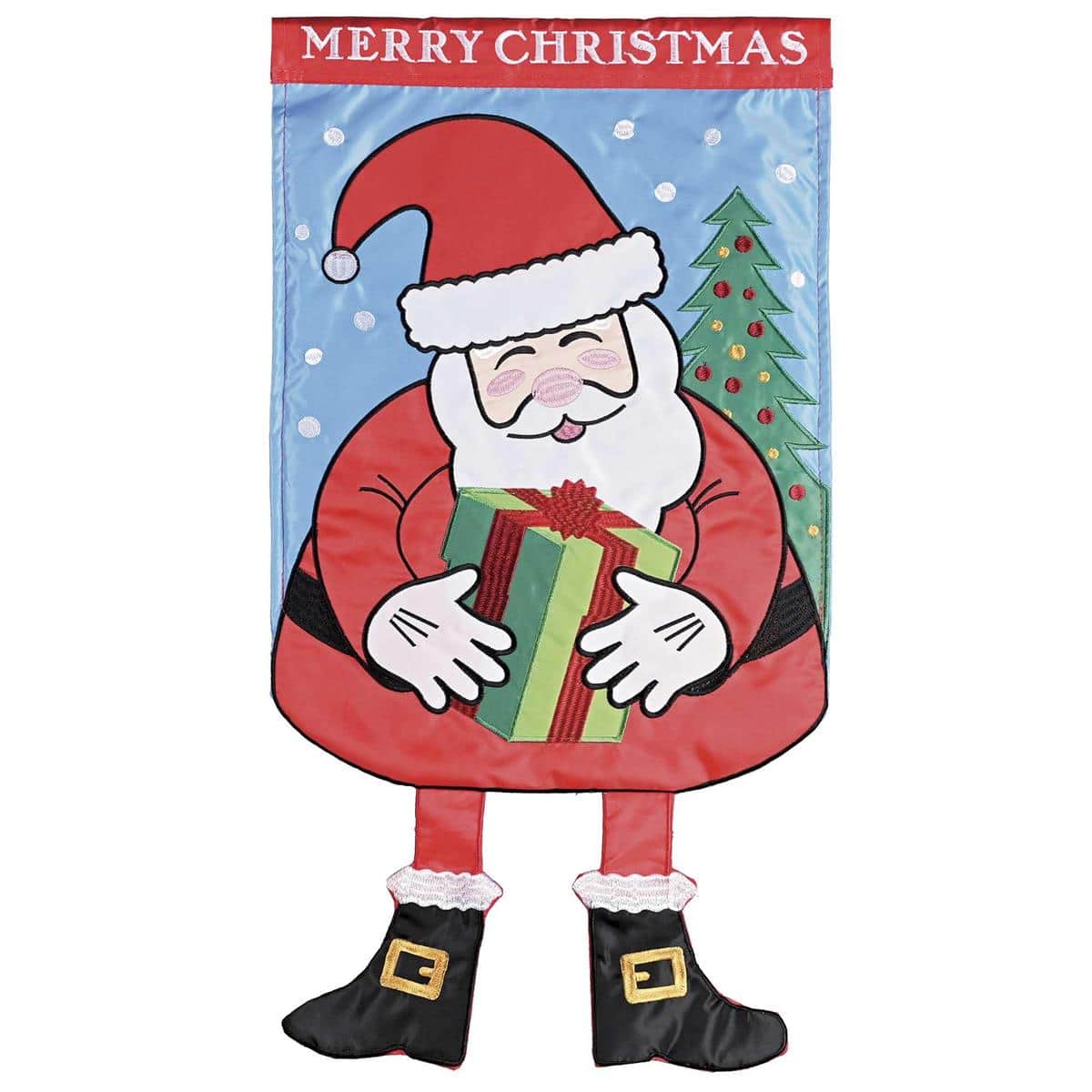 13x18 inch garden flag showing a whimsical Crazy Leg Santa in a red suit with exaggerated striped legs and a "Merry Christmas" greeting in bold festive colors, suitable for porch or yard display