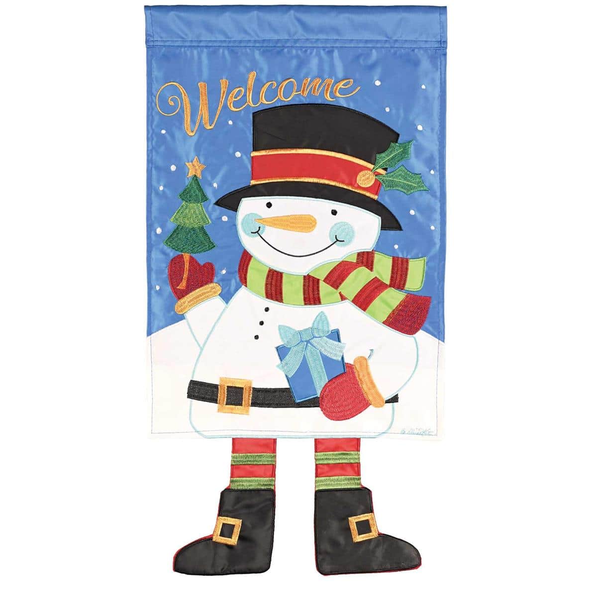 Crazy Leg Snowman Welcome garden flag, 13 x 18 inches, with soft dangling legs, bright holiday colors, and a top sleeve for standard garden flag stands.