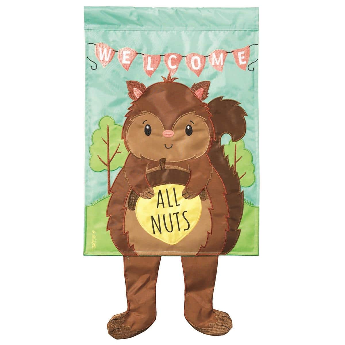 Crazy Leg Squirrel All Nuts Welcome 13x18 garden flag with dangling legs, playful squirrel art, and top sleeve for standard yard flag poles