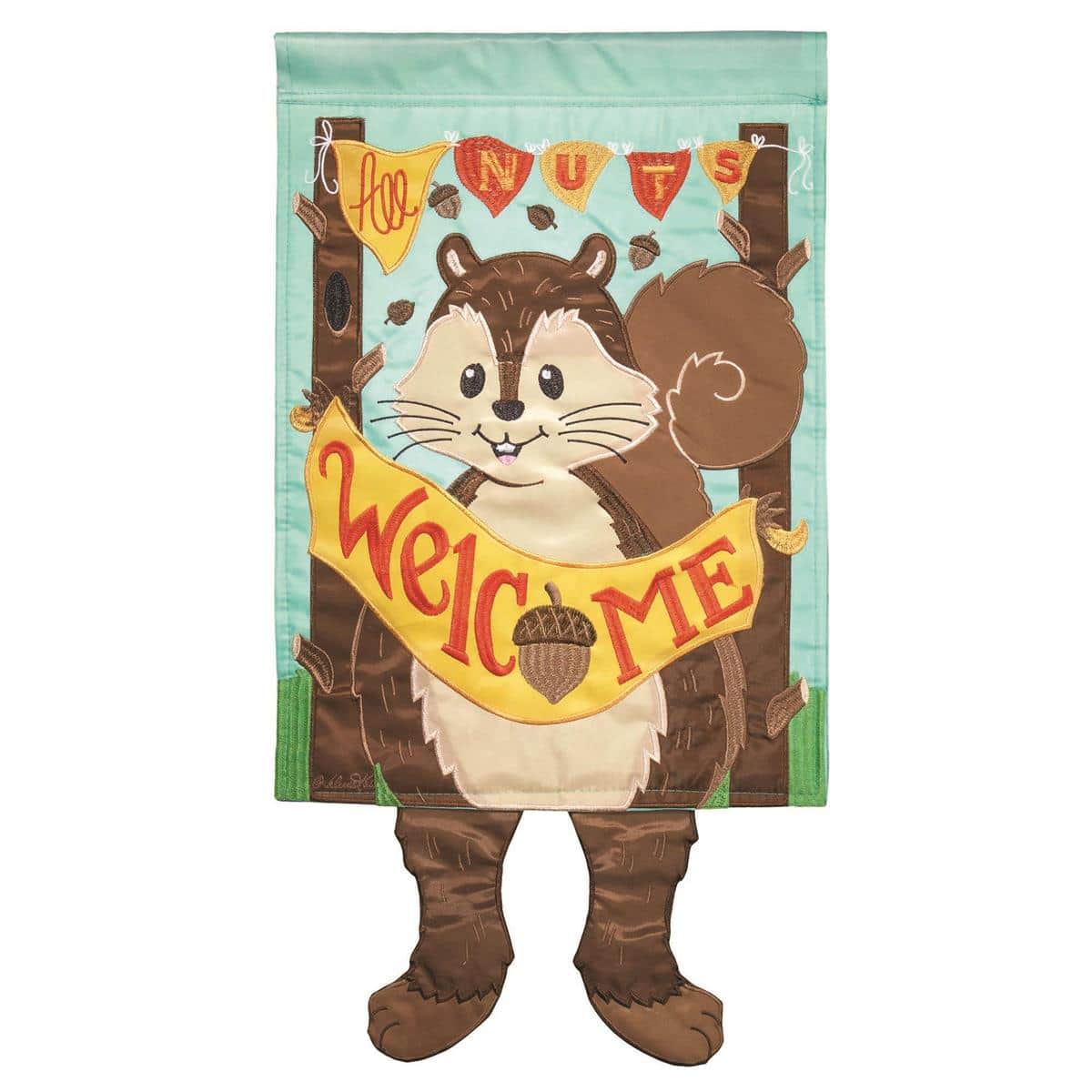 Whimsical Crazy Leg Squirrel garden flag 13x18 with playful squirrel illustration and exaggerated legs for yard, porch, patio, and garden display.