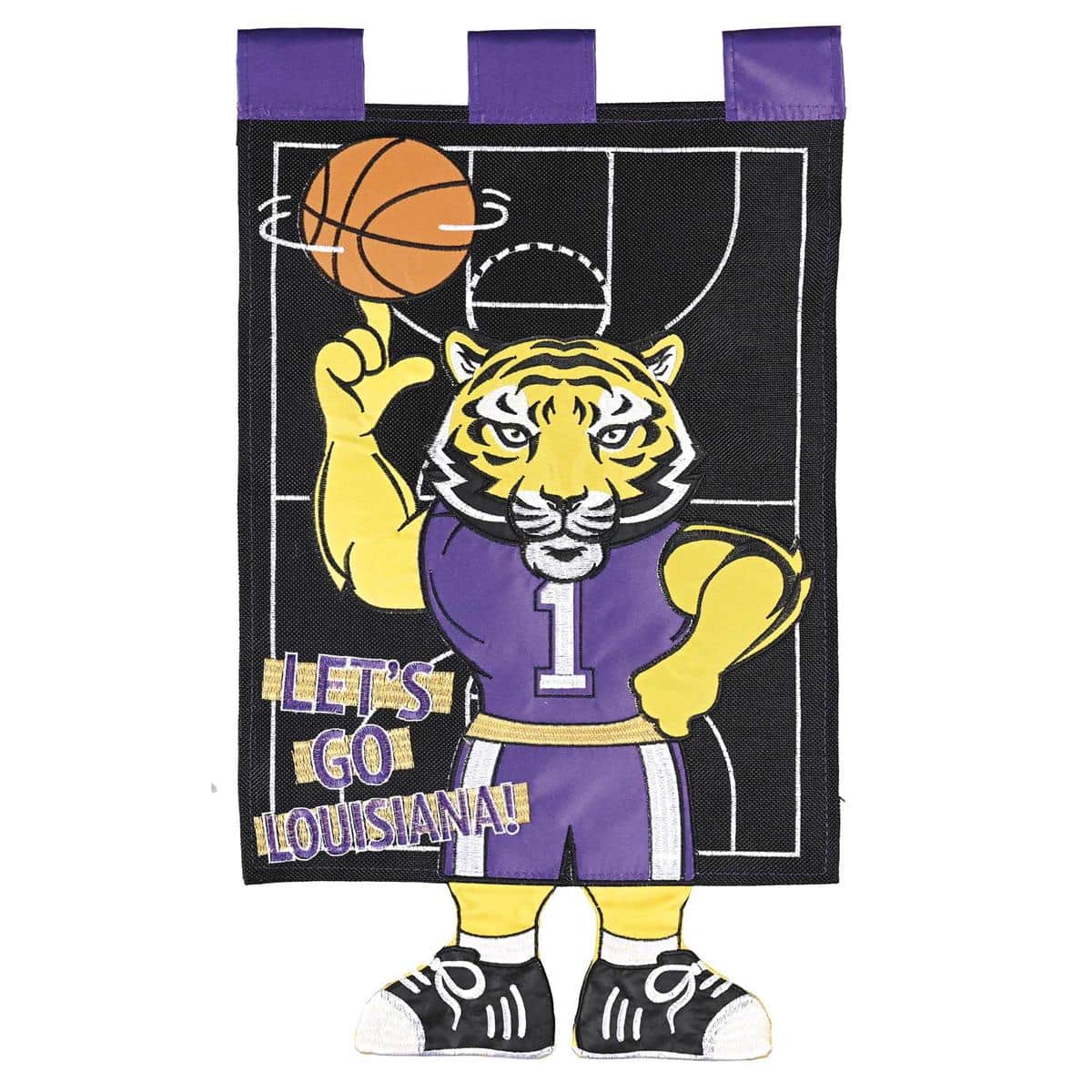13x18 Crazy Leg Tiger Lets Go Basketball garden flag with animated tiger mascot and lively "Lets Go" slogan in LA sports colors, printed on durable outdoor polyester for porch and lawn display.