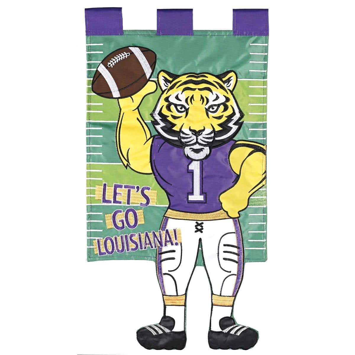 13 by 18 inch Crazy Leg Tiger garden flag with Lets Go Football text, dynamic cartoon tiger in mid-kick and crazy-leg motion, bright team colors on outdoor fabric for yards and tailgates.