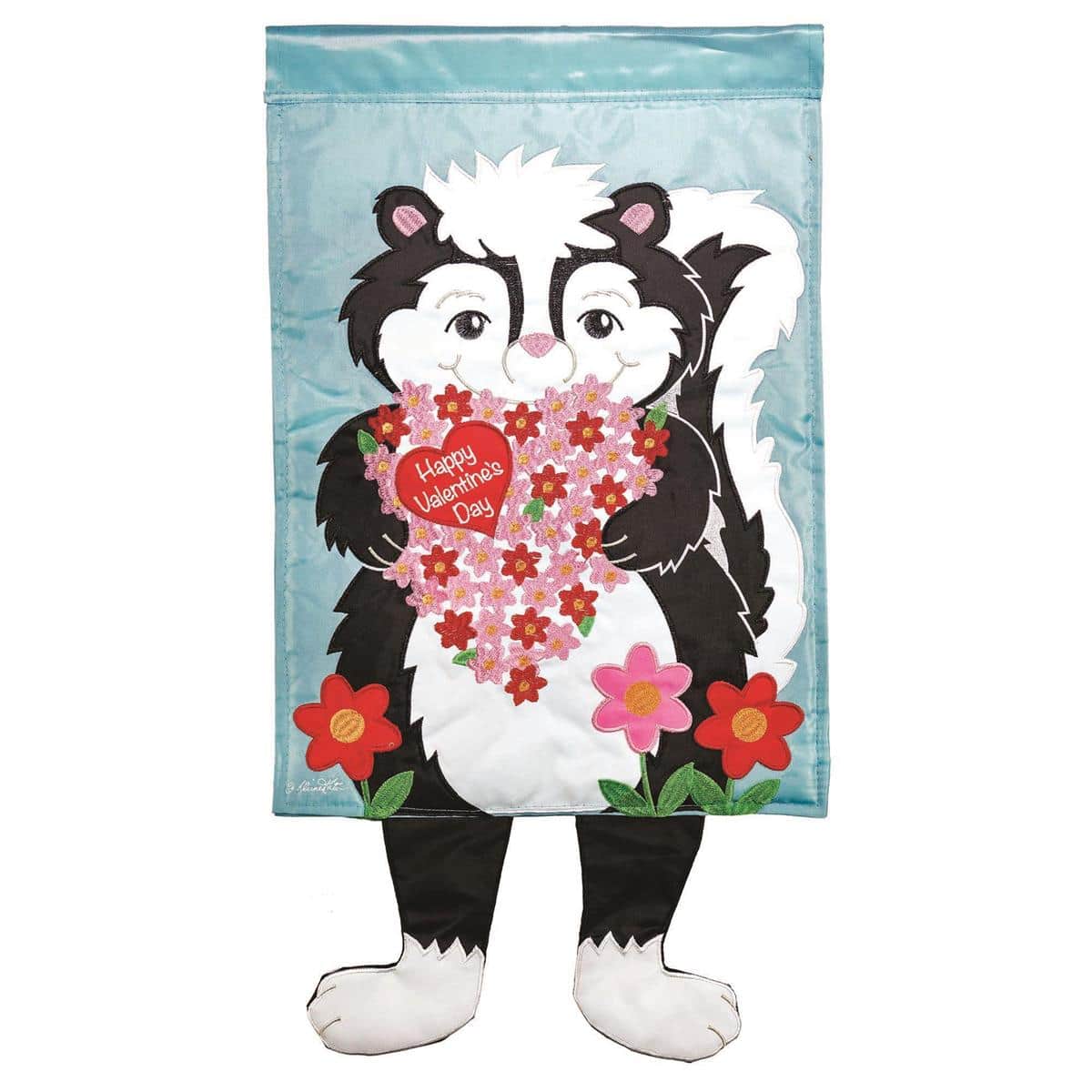 13x18 Crazy Leg Valentine Skunk garden flag showing cartoon skunk balancing on goofy legs with hearts and Valentine colors on a white background, ready for a standard garden pole