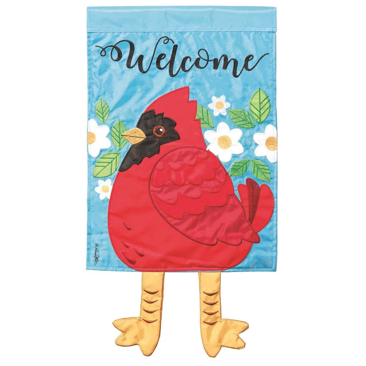 13x18 Crazy Leg Welcome Cardinal garden flag with bright red bird and long animated fabric legs waving in the breeze, shown mounted on a green yard flag pole near flowers.