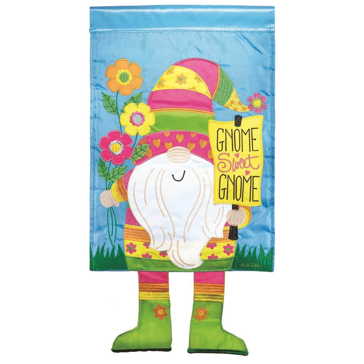 Alt text: Crazy Leg Welcome Gnome garden flag 13x18 with a smiling gnome, long striped legs, and a bright 'Welcome' sign in spring colors standing against a floral backdrop.