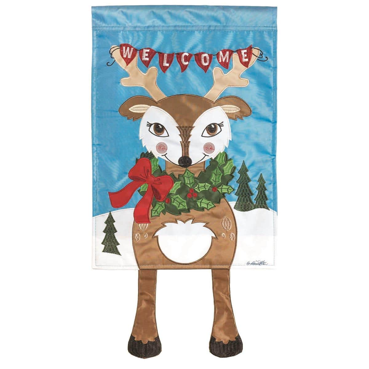 Crazy Leg Welcome Reindeer 13x18 garden flag showing a whimsical reindeer with exaggerated legs, bold welcome lettering, and festive colors for Christmas yard display.