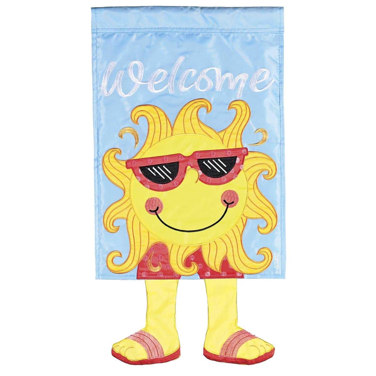 13x18 Crazy Leg garden flag showing smiling sun with sunglasses and dangling crazy legs, bold 'Welcome' lettering and bright summer colors on a small outdoor flag