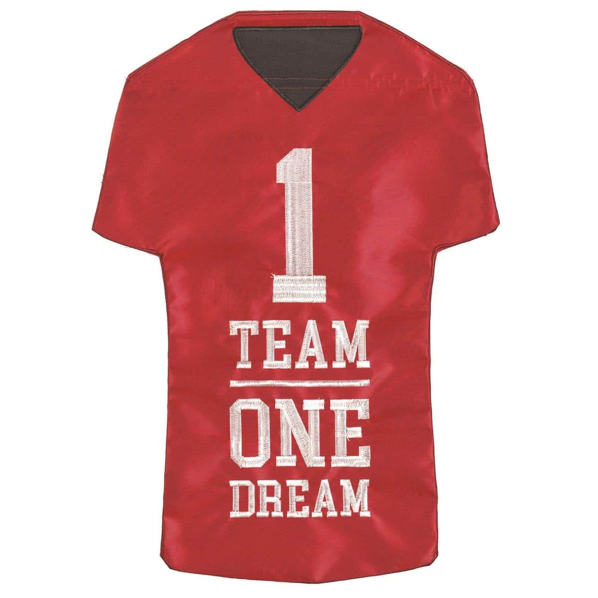 Crimson and white football jersey double applique garden flag 13x18 displayed on a porch pole, sporty stripes and bold jersey panels, two-sided design.