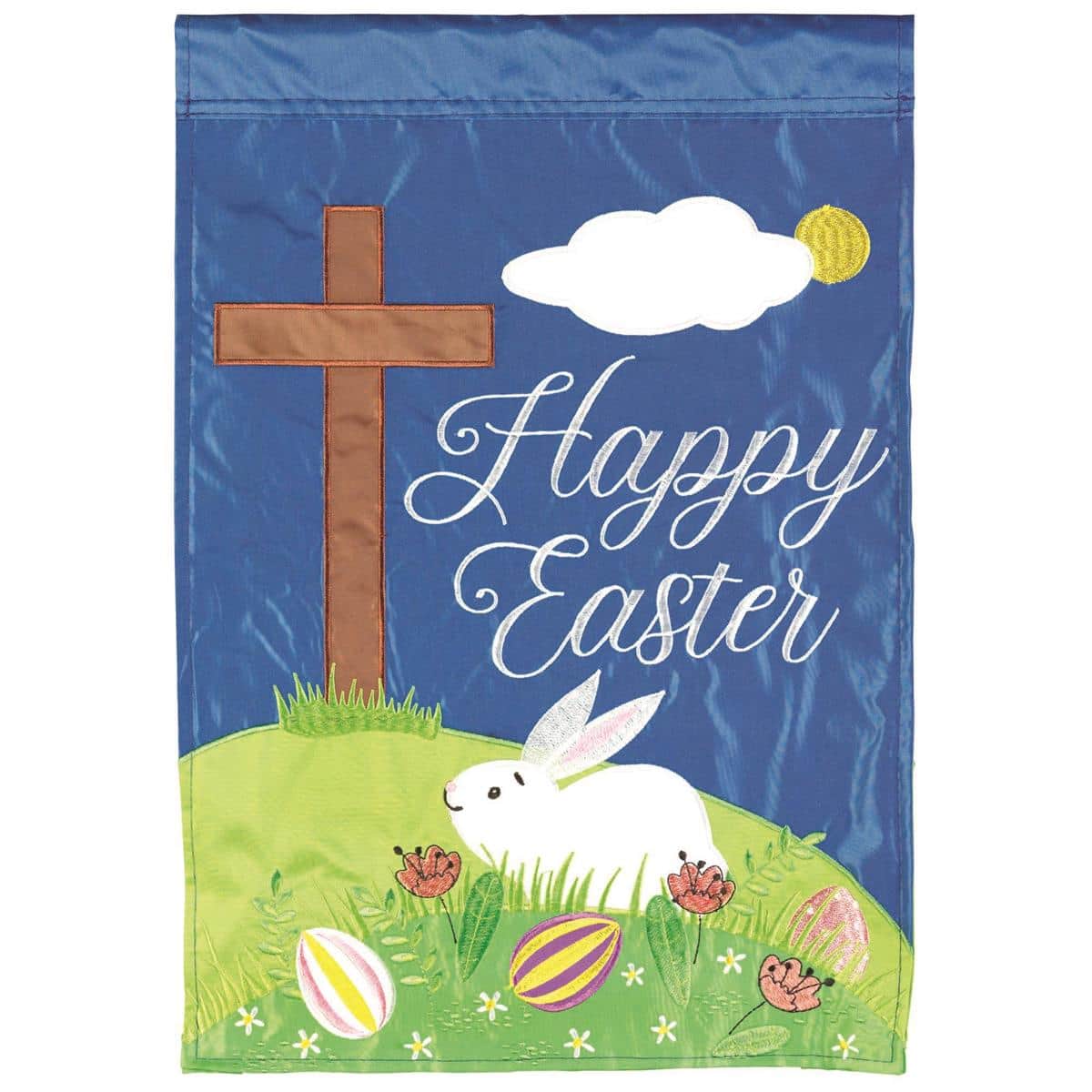 Double applique 13x18 Easter garden flag showing a cross and bunny with Happy Easter text, pastel accents, stitched details, two sided, sleeve fits standard garden stand.