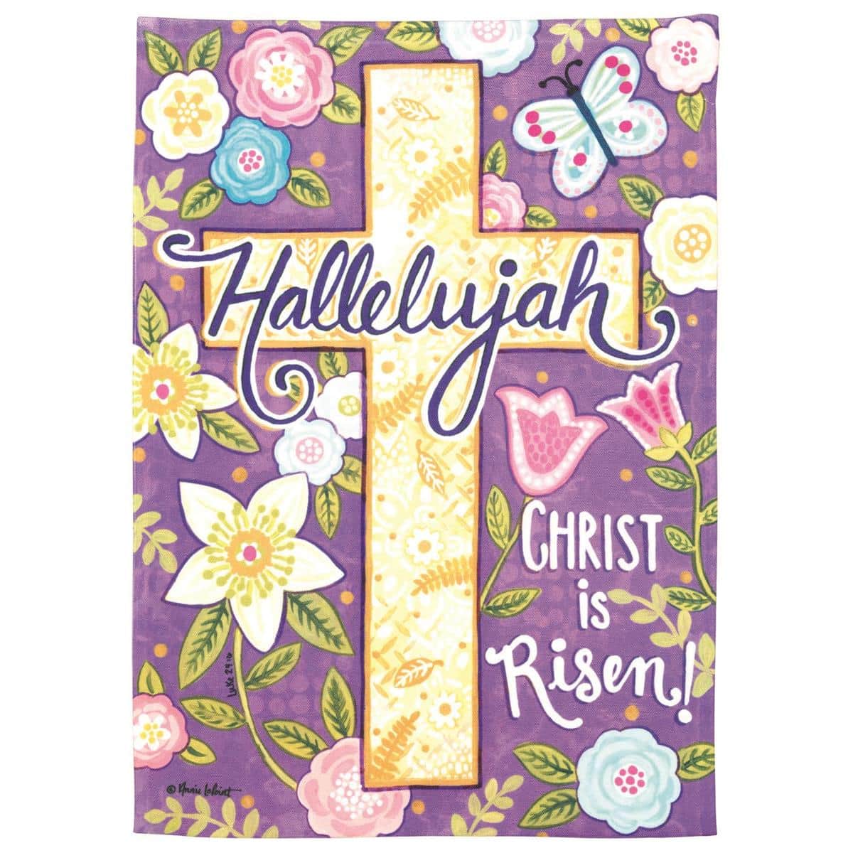 Cross Christ Is Risen 13x18 printed garden flag showing a prominent cross and "Christ Is Risen" lettering against a soft sunrise background for outdoor porch or yard display
