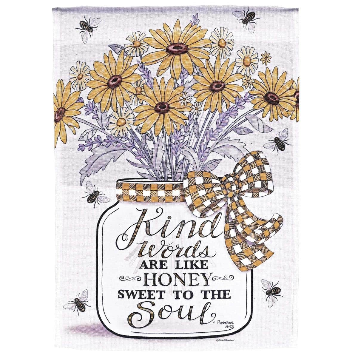Close-up of 13x18 Daisies Kind Words Like Honey garden flag showing printed daisies, bee motif, and sewn sleeve ready for standard garden flag pole