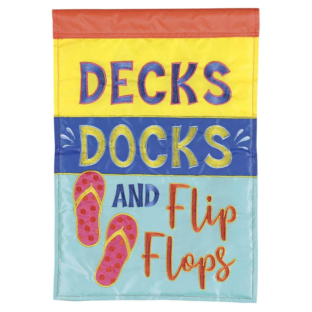 Close-up image of the Deck Docks And Flip Flops 13x18 double applique garden flag showing a watercolor-style dock scene with colorful flip flops, stitched applique edges, and a waterfront motif suitable for porch or patio display.