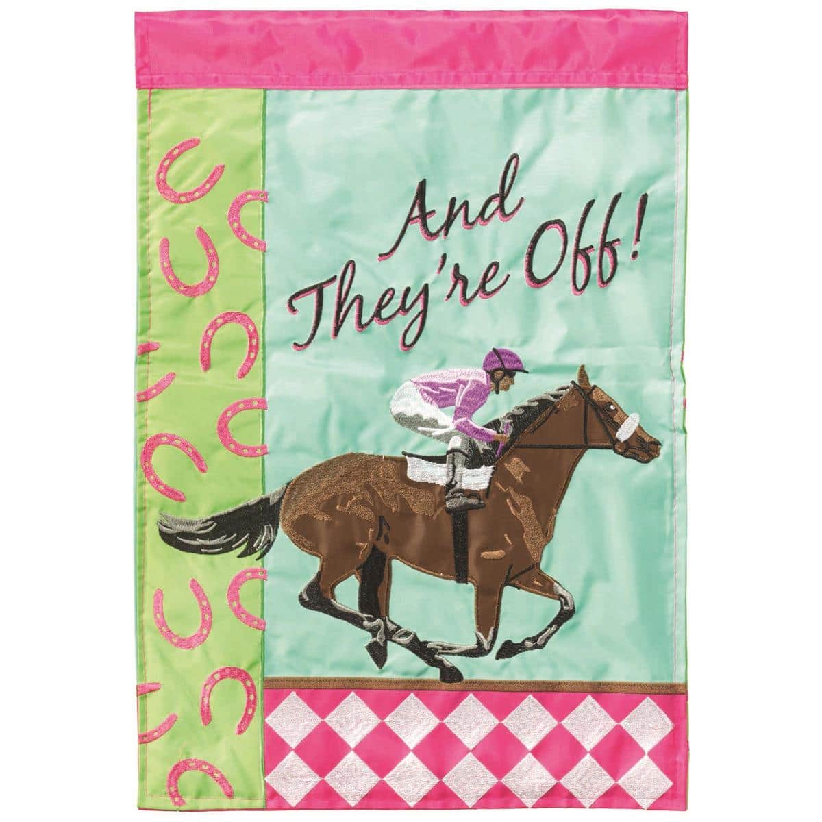 Double applique Derby And Theyre Off 13x18 garden flag showing galloping racehorses and bold derby lettering on a stand in a landscaped yard.