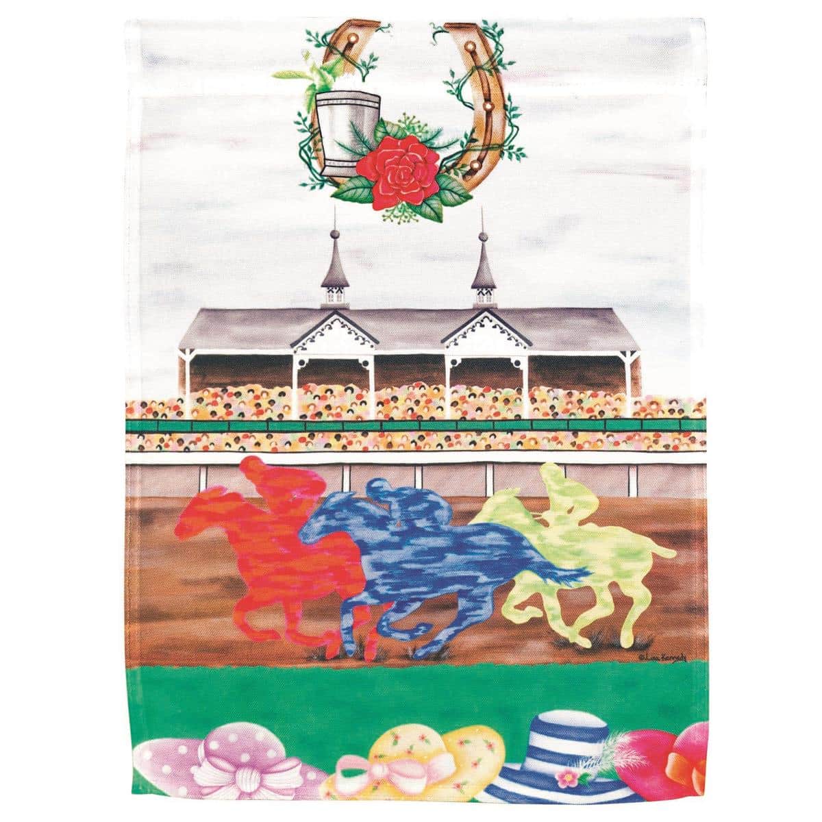30x44 Derby Day printed banner flag with horse and jockey motif displayed on a porch-ready flagpole, perfect for race day decorations and themed parties.