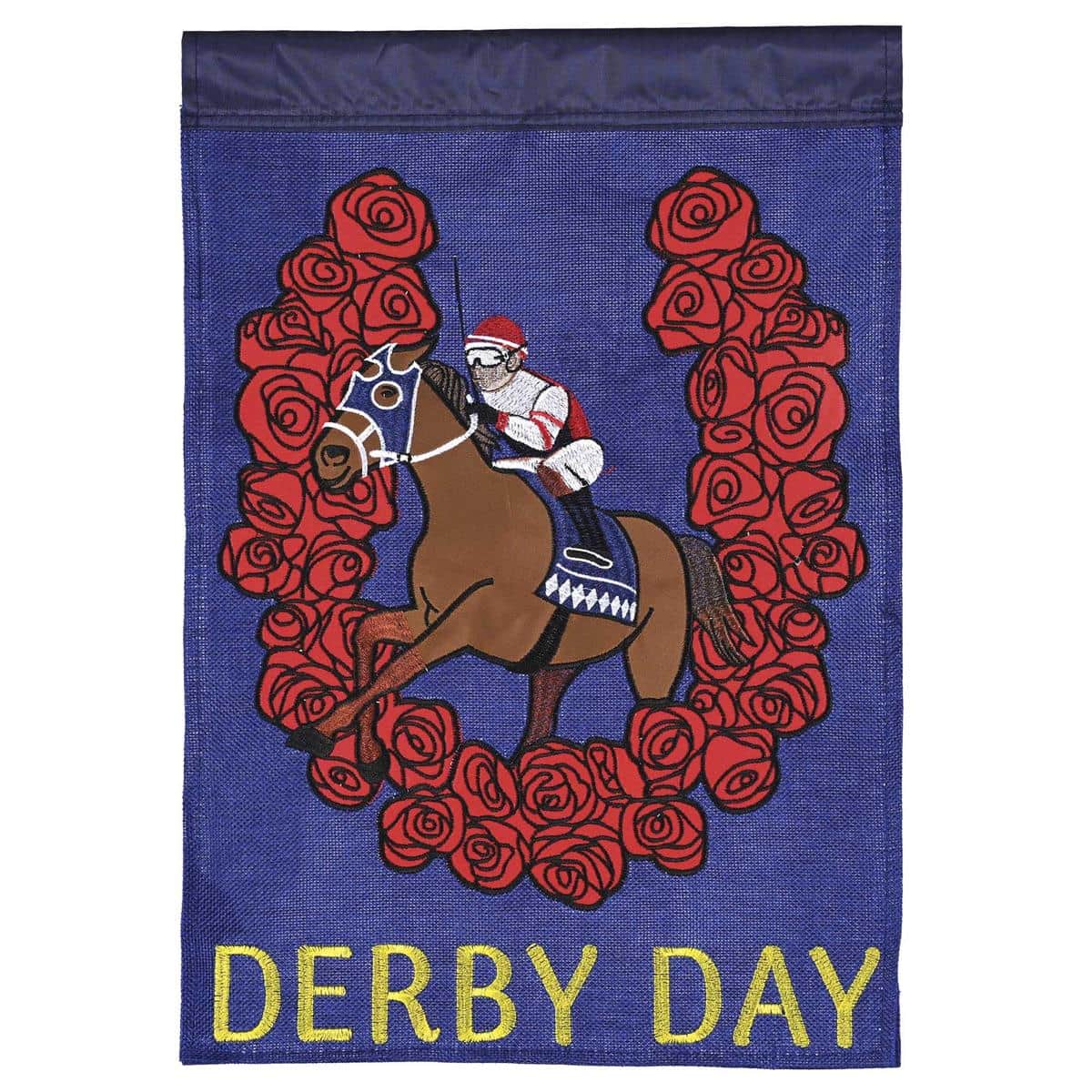 Double applique Derby garden flag with a garland of red roses, two sided 13x18 design on a stand, bright spring colors for horse racing fans.
