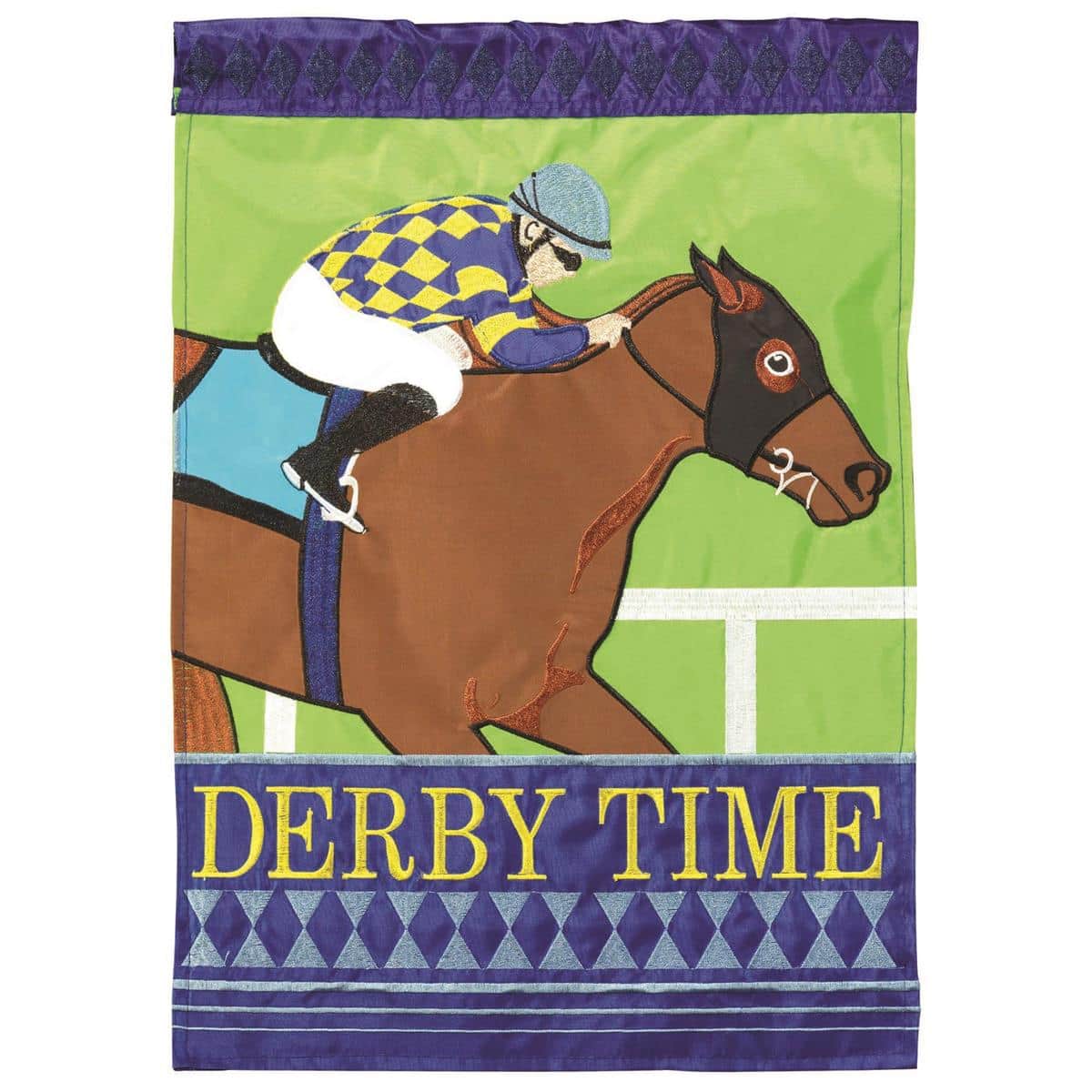 13x18 derby silks double applique garden flag with bold jockey patterns, two sided visibility, shown on a stand in a front yard setting.