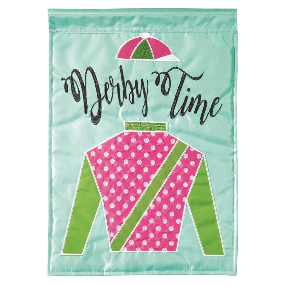 13x18 Derby Time double applique garden flag with galloping racehorse and jockey, layered stitching, top sleeve, displayed on a yard stand near a front path.