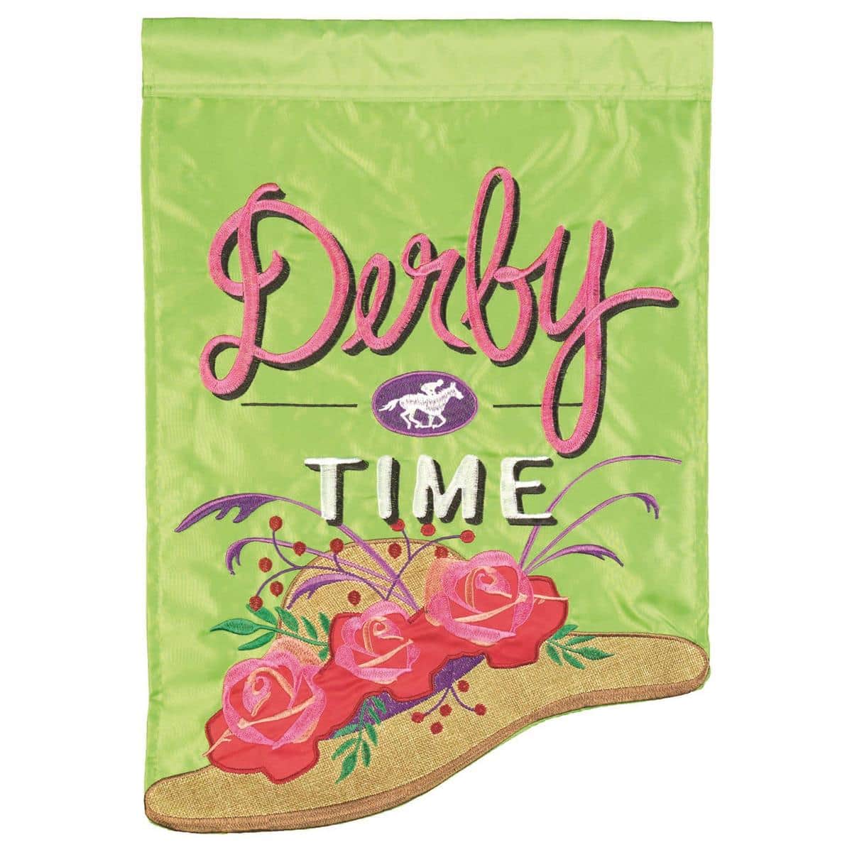 Shaped Derby Time 13x18 double applique garden flag showing horse racing hat, roses, and trophy motifs in bright colors on durable outdoor fabric.