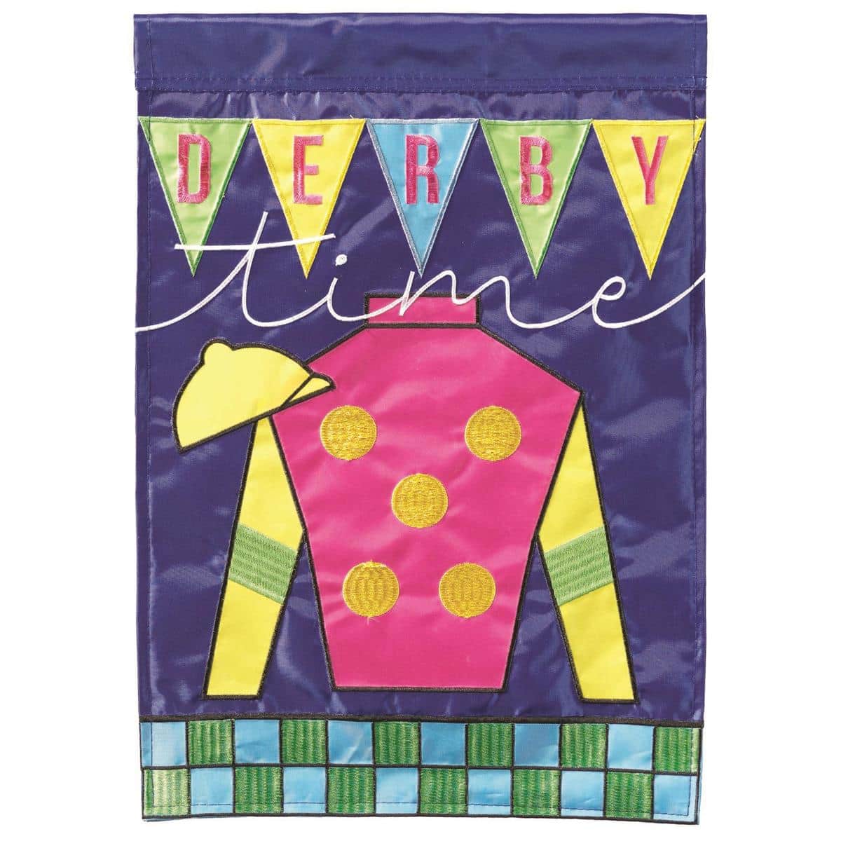 Derby Time Silk Garden Flag 13x18 with double applique horses and colorful jockey silks, two-sided outdoor flag on a garden stand.