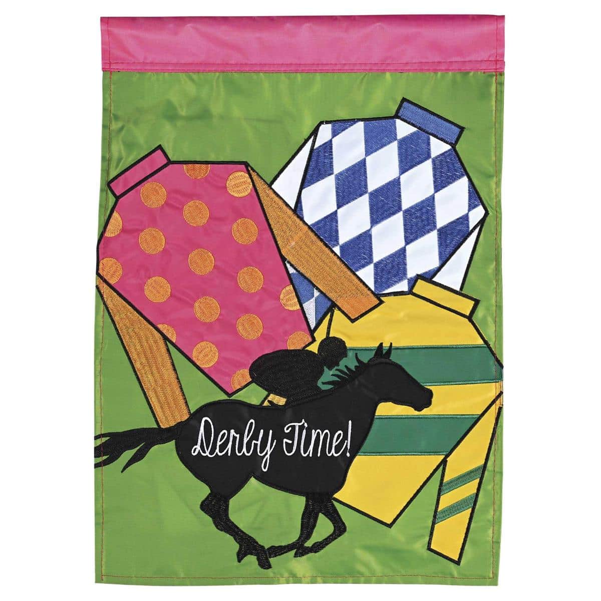 Close-up of Derby Time Silks 13x18 garden flag showing double applique layered panels, crisp color fields, reinforced sleeve, and stitched edges on weather-resistant polyester fabric