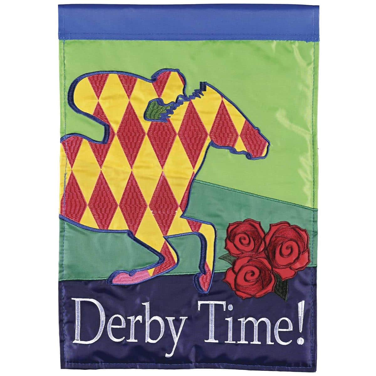 Derby Time double applique outdoor flag featuring a horse and jockey racing motif with layered stitching and a reinforced pole sleeve, displayed on a porch garden pole.