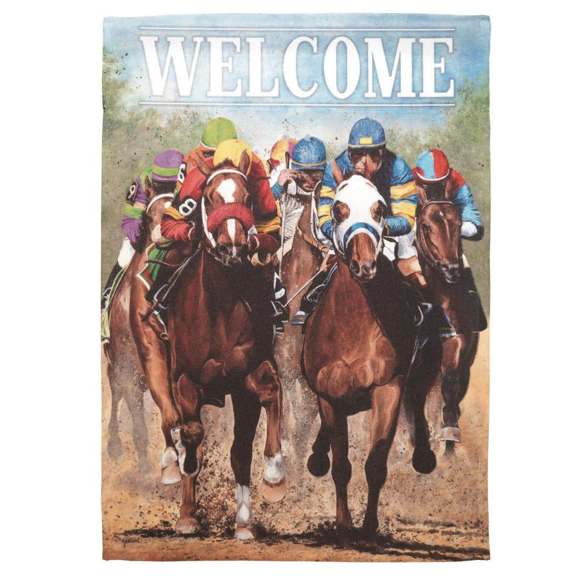 Derby Welcome 13x18 printed garden flag on a standard garden flag pole, showing bold "Welcome" text and Derby-style border in vibrant color suitable for porches and small garden beds