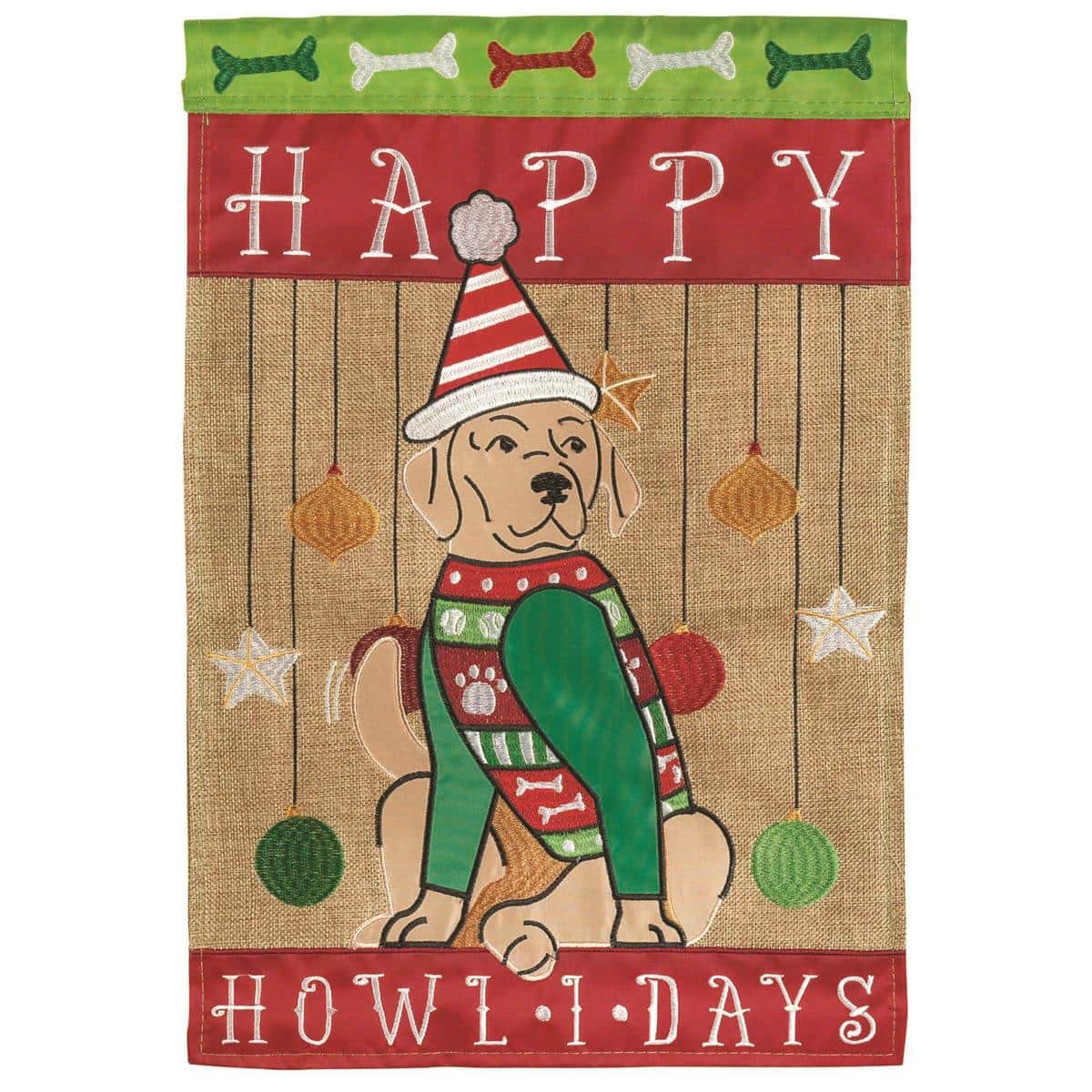 13x18 Dog Happy Howlidays garden flag double applique shows cheerful dogs wearing Santa hats and holiday scarves with snowflakes and bones on a red background ready for lawn or porch display.