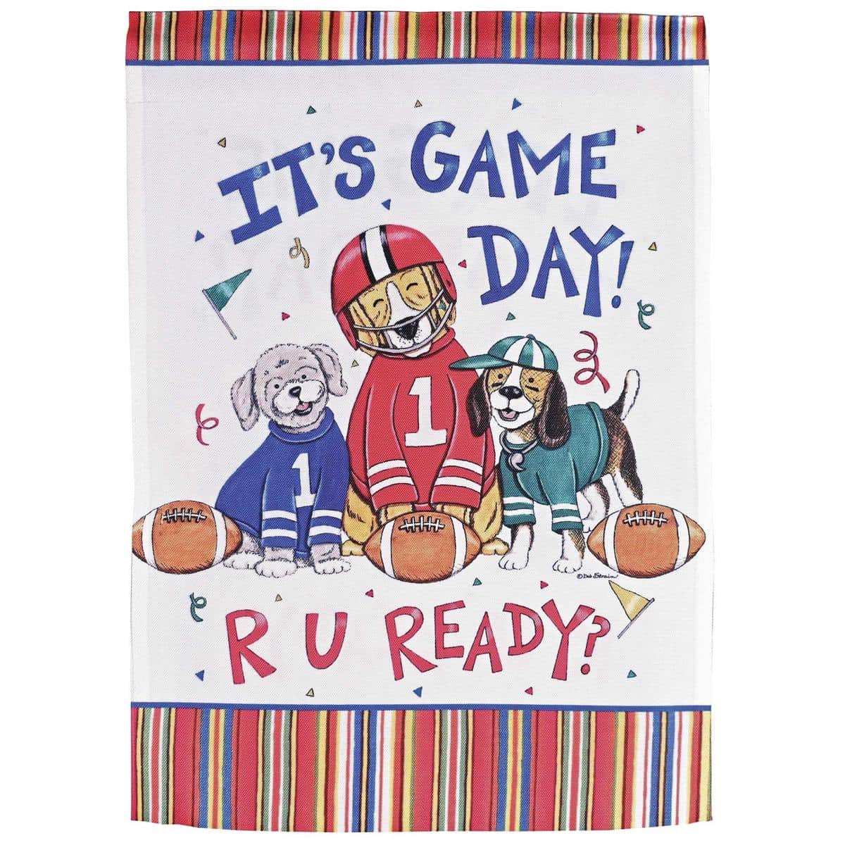 Printed Dogs Game Day R U Ready football yard flag featuring playful dogs in football uniforms and bold R U Ready lettering for tailgate and porch display.