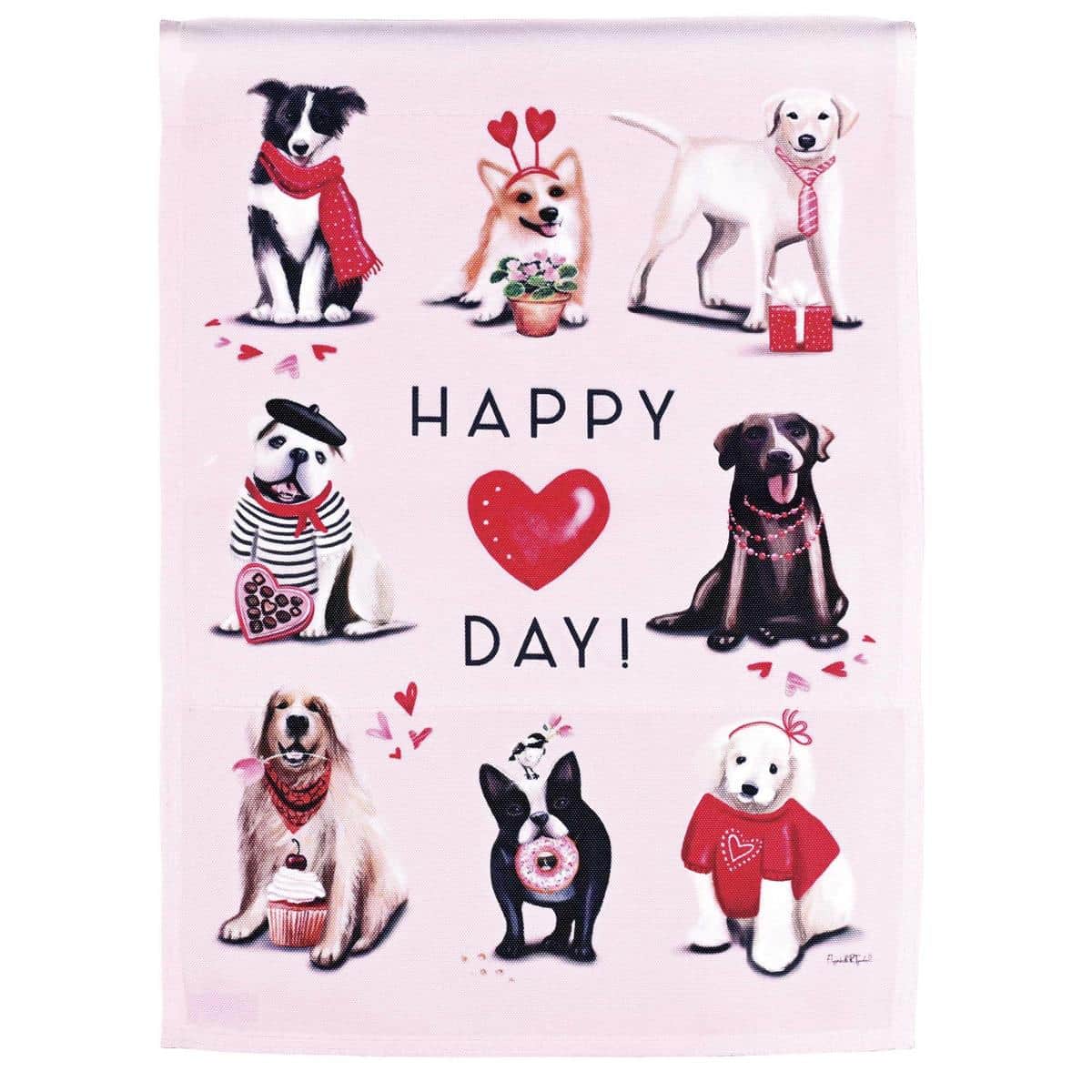 Valentine garden flag with playful dog illustrations, hearts, and a bold Happy Valentine's Day message printed on a 13x18 outdoor flag suitable for garden pole display.
