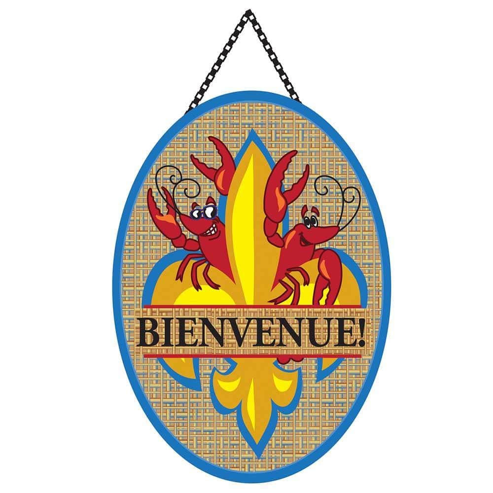 Main product image alt text: Door Banner Bienvenue greeting sign in French with elegant typography hanging on a front door, showing texture and print detail.