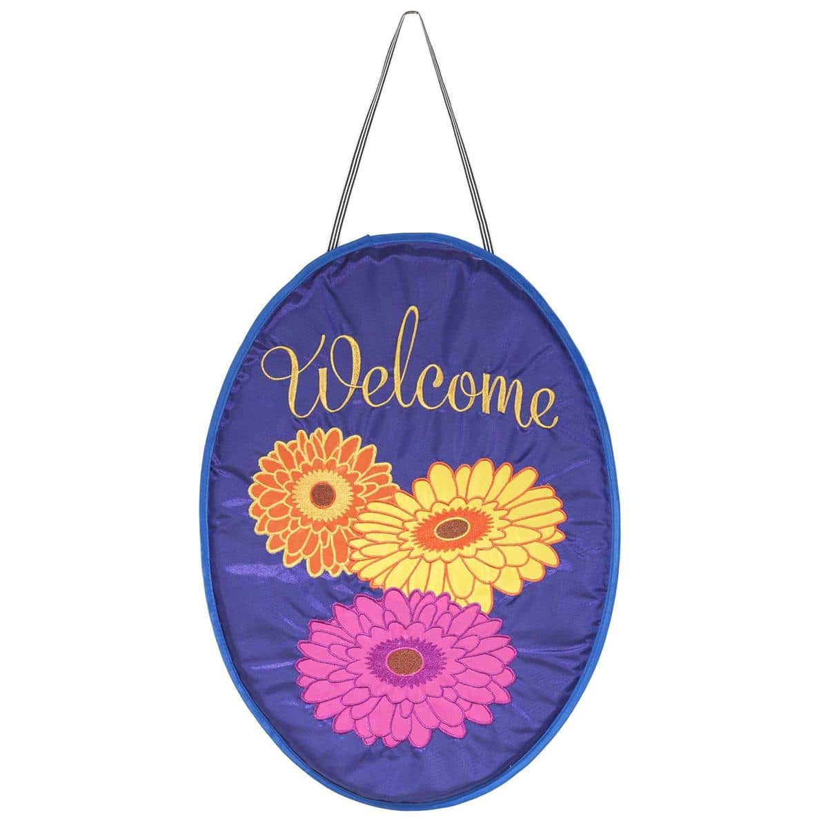 Gerber Daisy door banner hanging on a white front door showing bright yellow and pink flower with stitched applique and reinforced pole sleeve